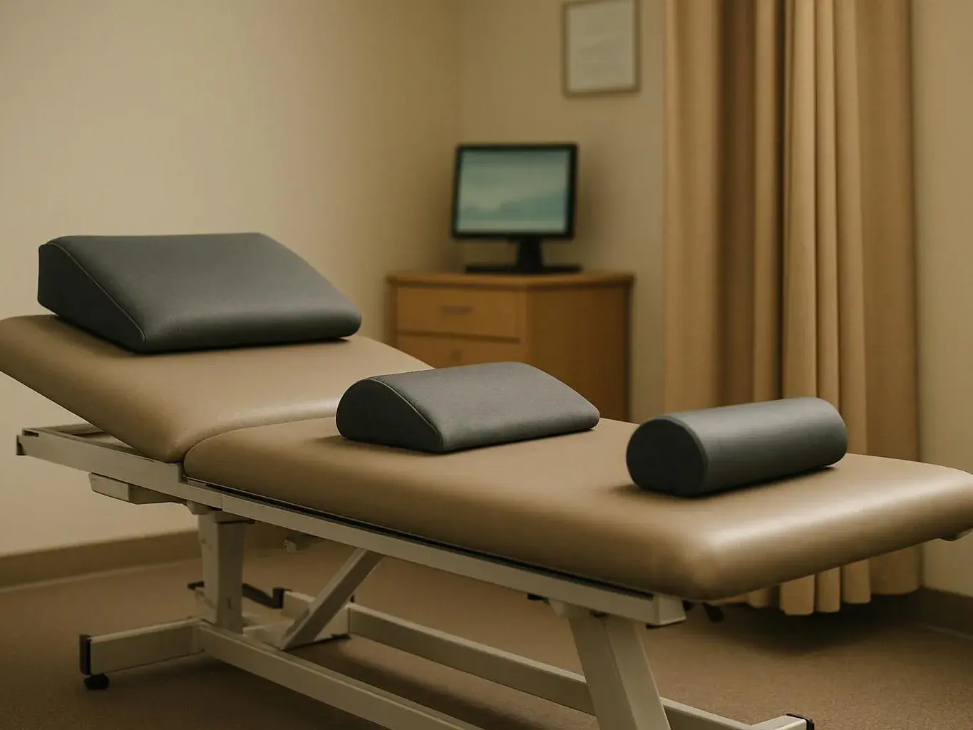 An adjustable exam table with three dark cushions sits in a quiet beige clinic room