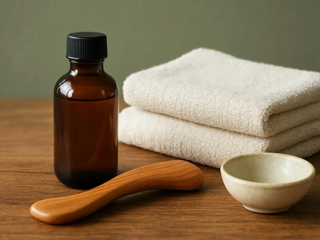 An amber bottle, folded towels, a wooden massage tool, and a small bowl sit on a wooden table