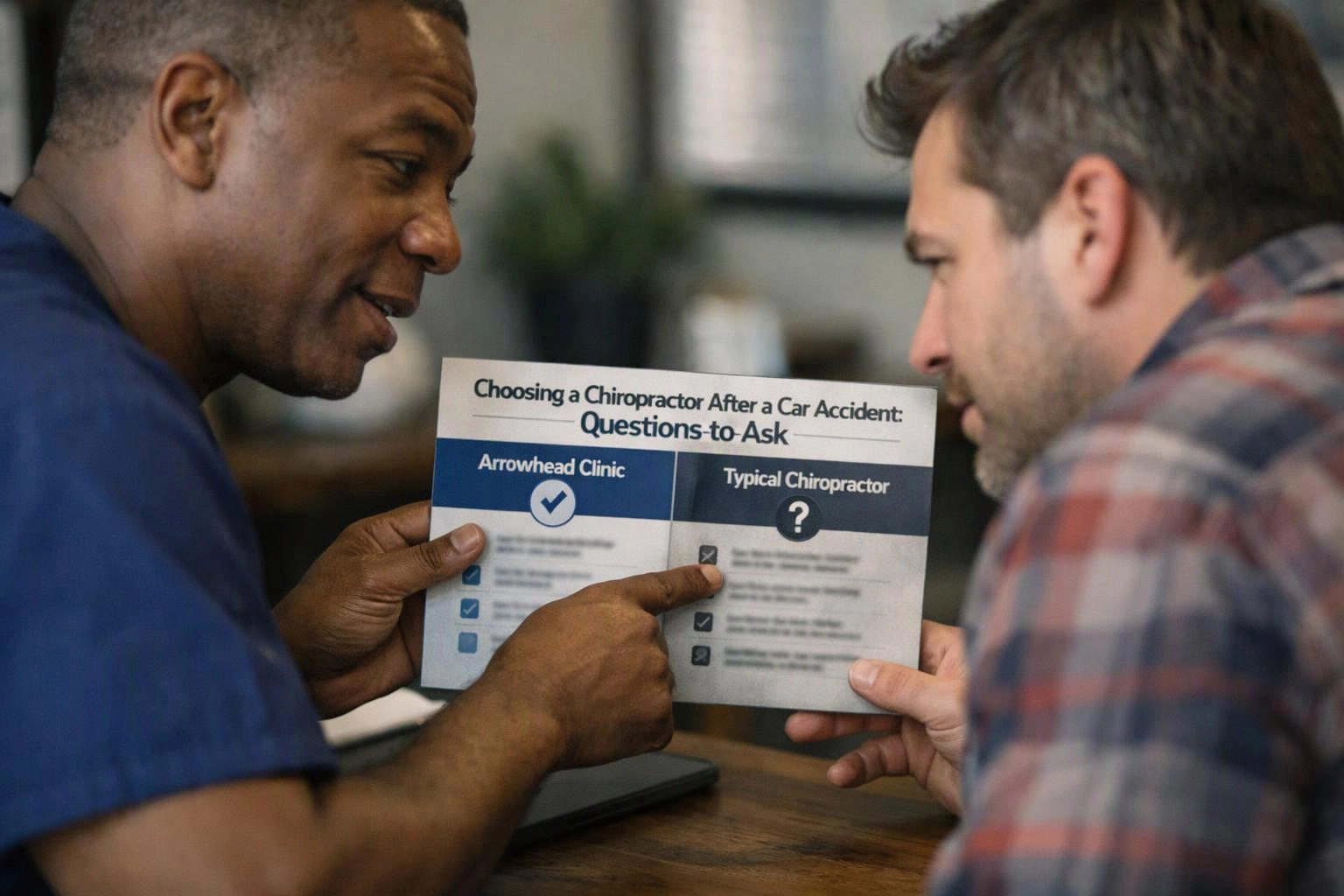 Two men study a brochure at a table, and one points to a chiropractic comparison sheet