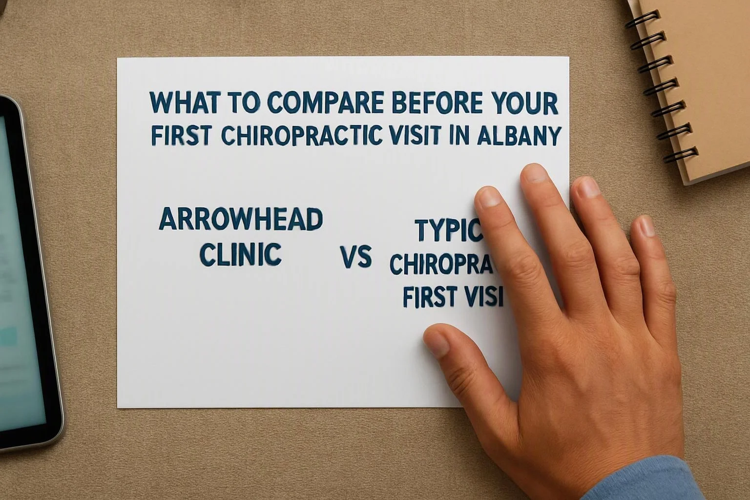 A hand rests on a paper with bold chiropractic comparison text beside a tablet and notebook on a desk