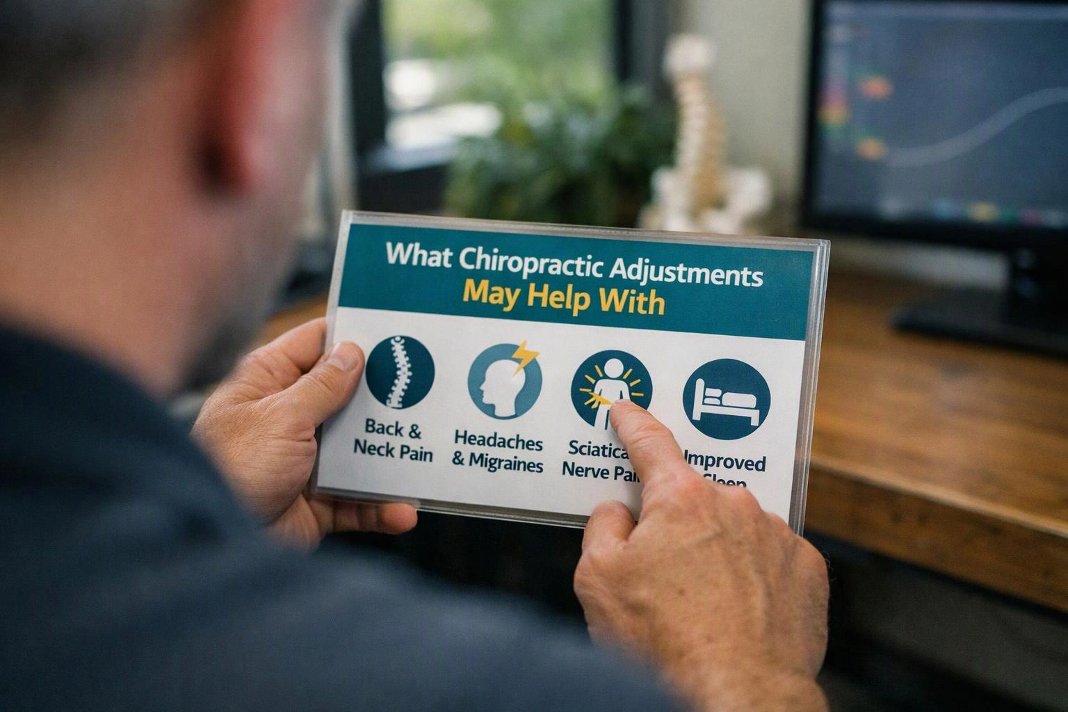 A person holds a card about chiropractic adjustments and points to a pain icon at a desk