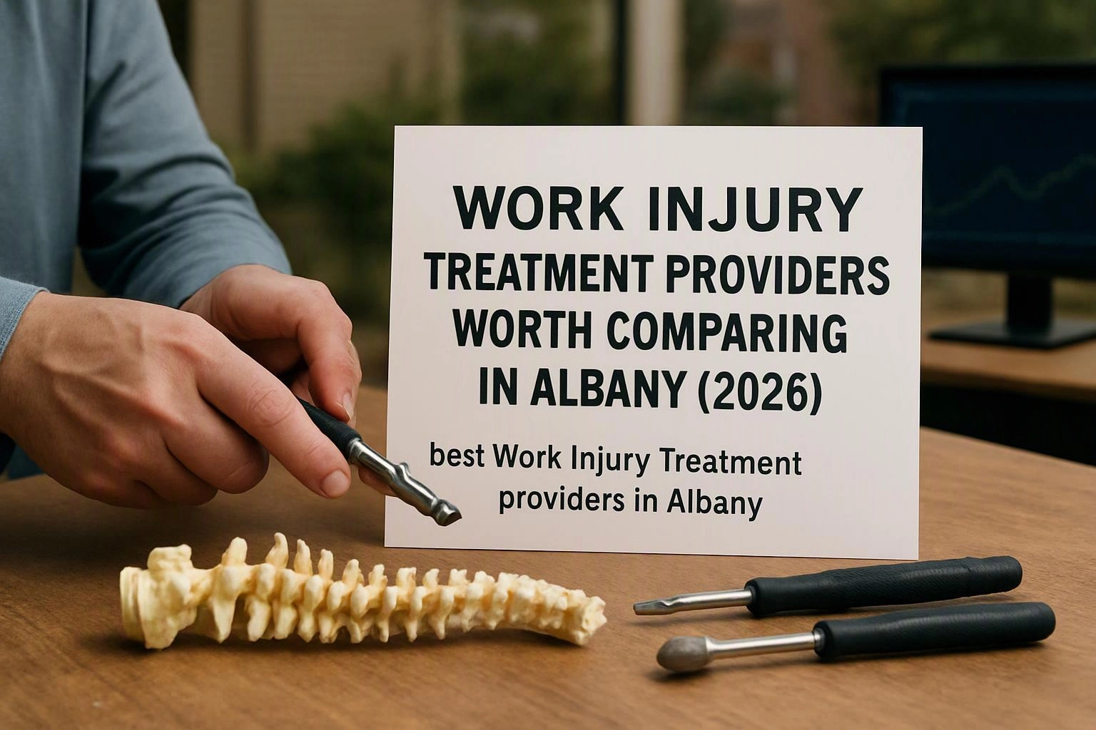 A hand points at a printed sign beside a spine model and two medical tools on a table