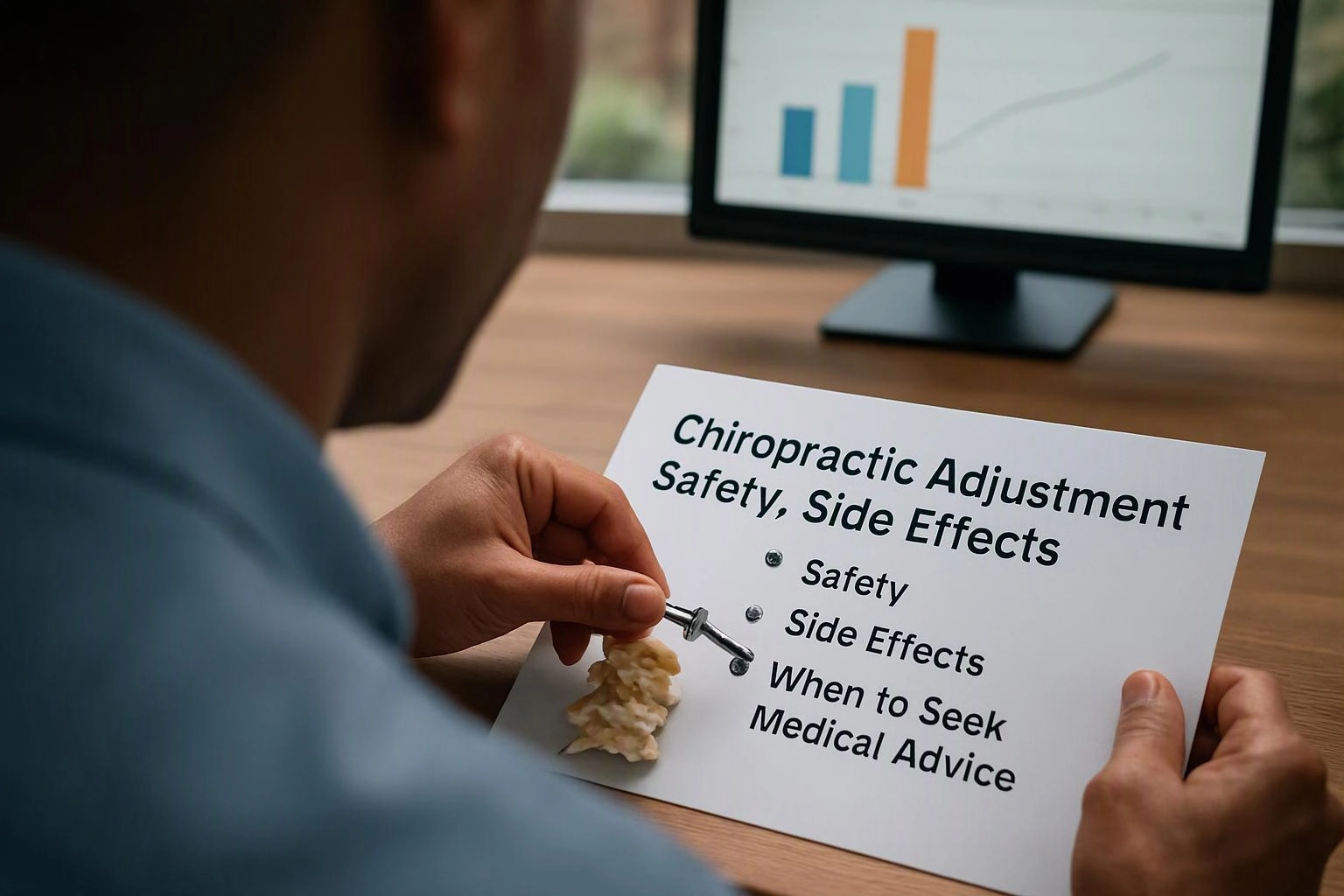 A person holds a printed sheet about chiropractic adjustment safety and side effects at a desk with a chart on a monitor