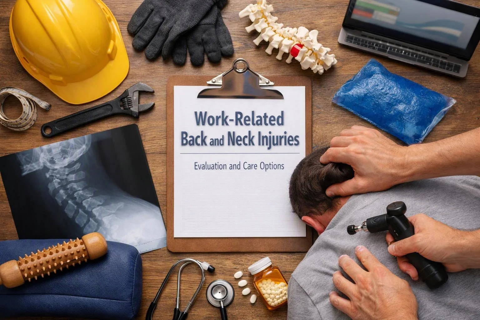 Aerial top-down flat-lay photograph of overhead flat-lay of items that represent "Work-Related Back and Neck Injuries