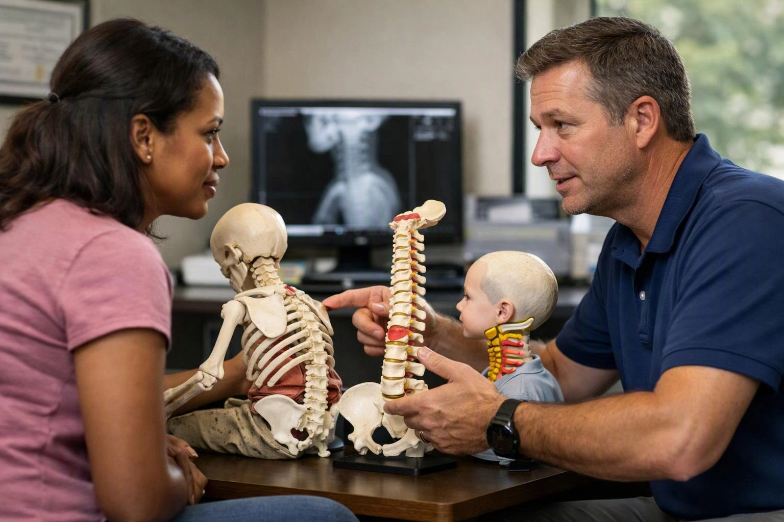 Two-person consultation photograph showing a clear visual metaphor illustrating what "Back, Neck