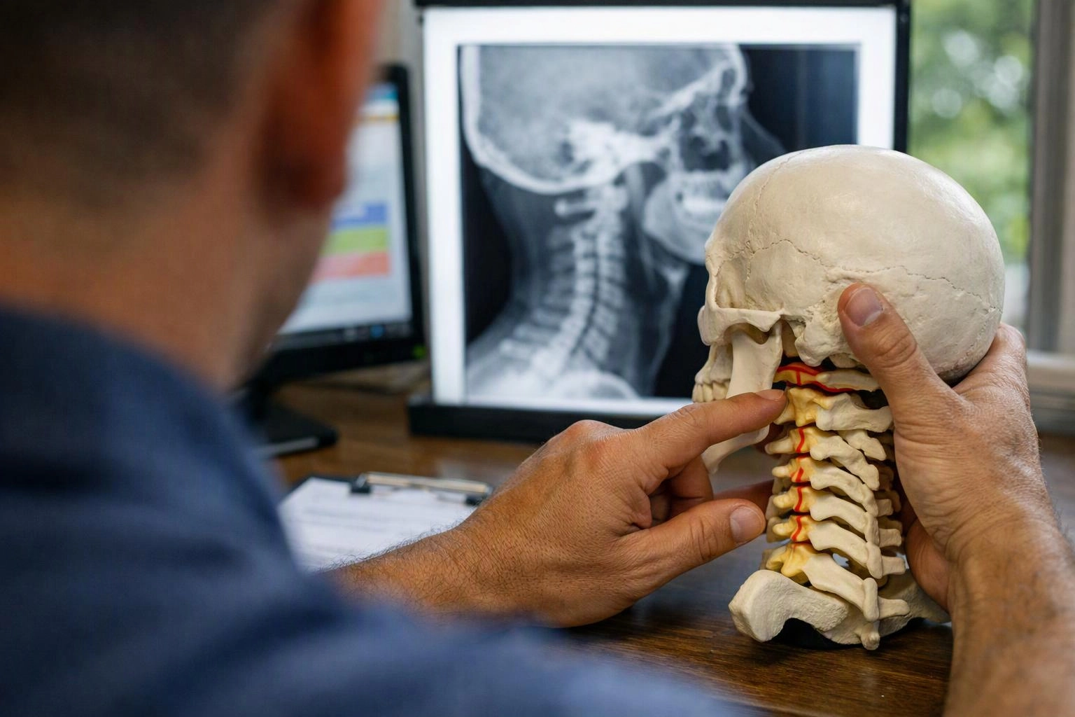 A person studies a skull model and points at the neck beside an x-ray on a desk