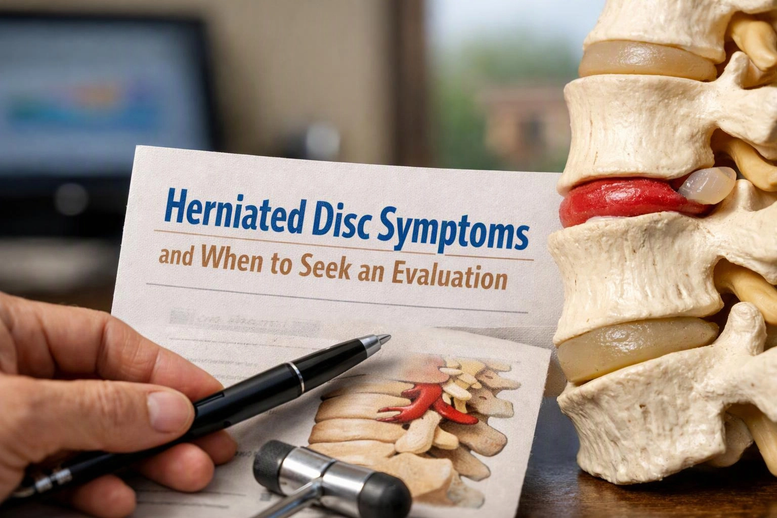 Macro product photograph of wide establishing view of a setting where "Herniated Disc Symptoms and When to Seek an Evaluation" naturally arises