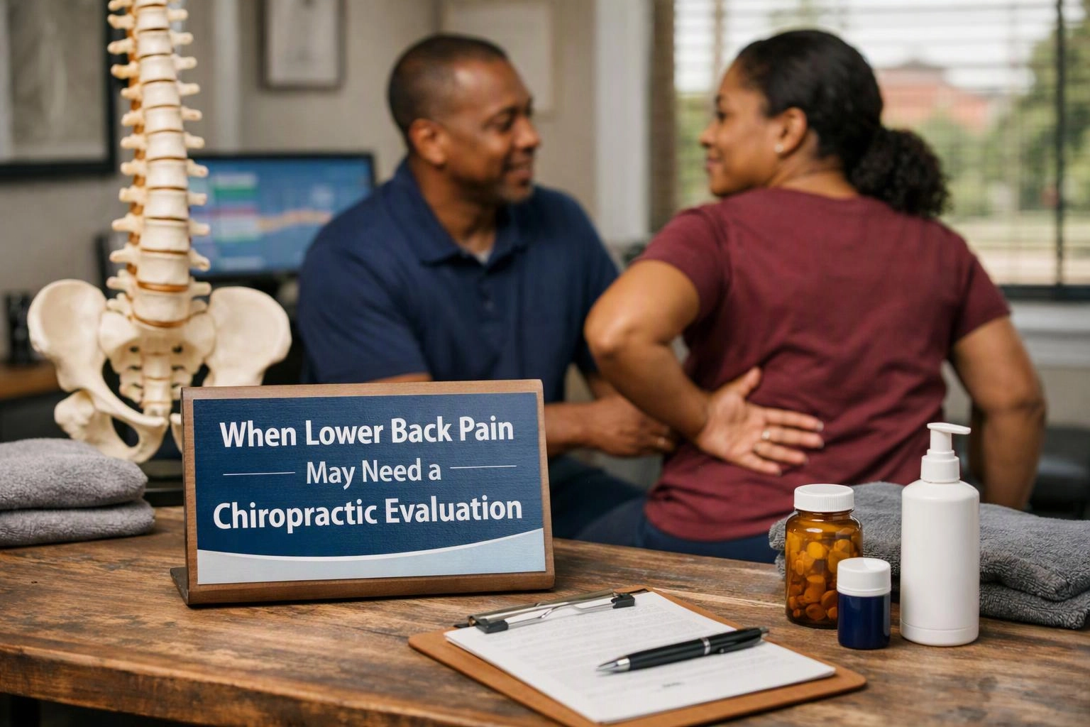 Advertising-grade tabletop still life photograph of wide establishing view of a setting where "When Lower Back Pain May Need a Chiropractic Evaluation"