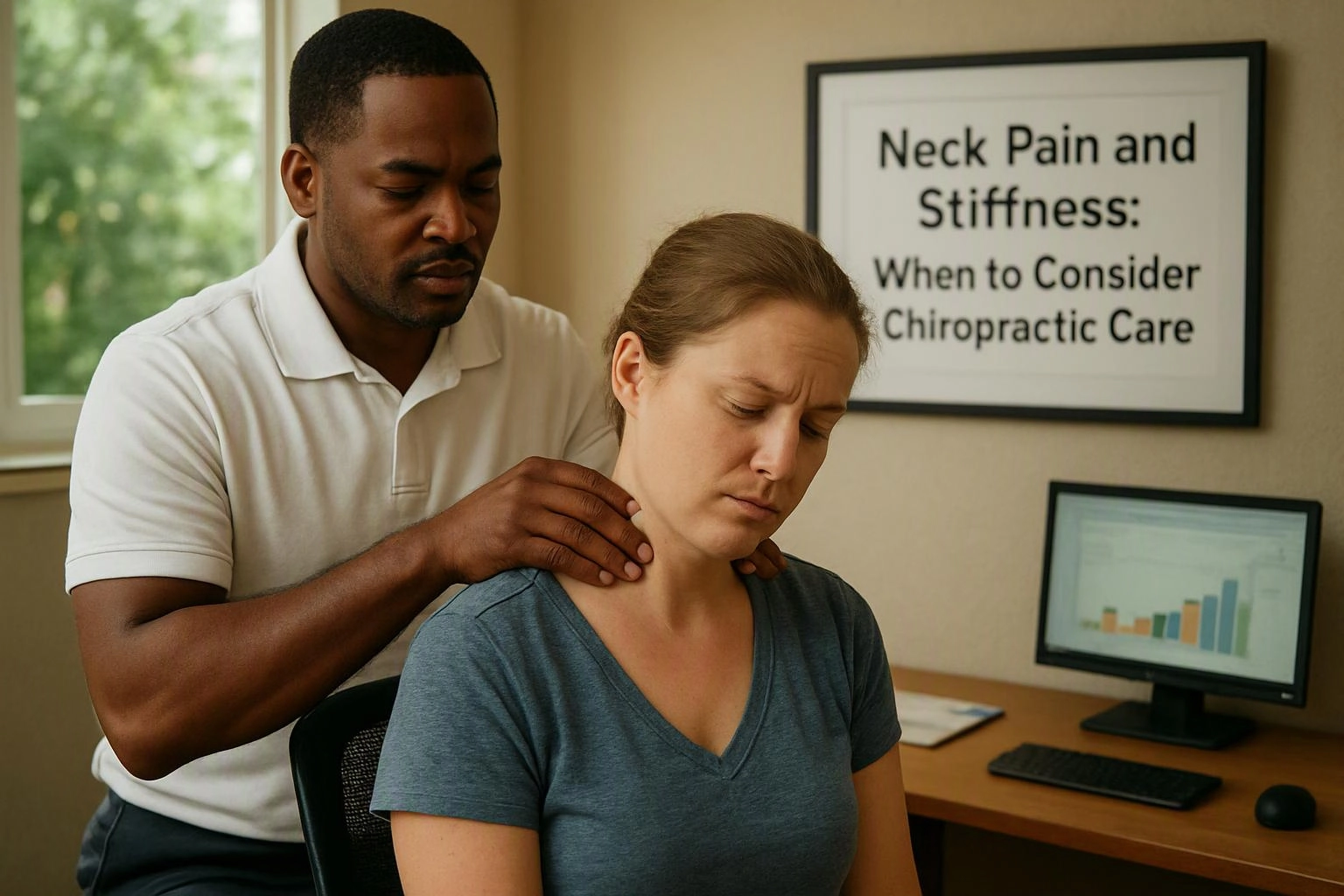 A chiropractor massages a woman’s neck in an office, with a neck pain poster and computer monitor behind them