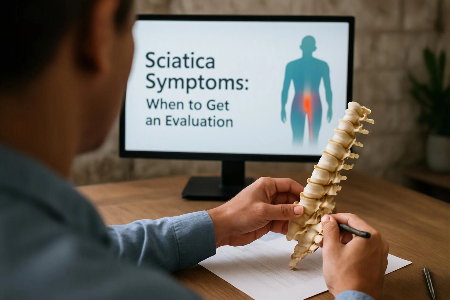 A person studies a spine model at a desk while a monitor shows sciatica symptoms text and a body graphic