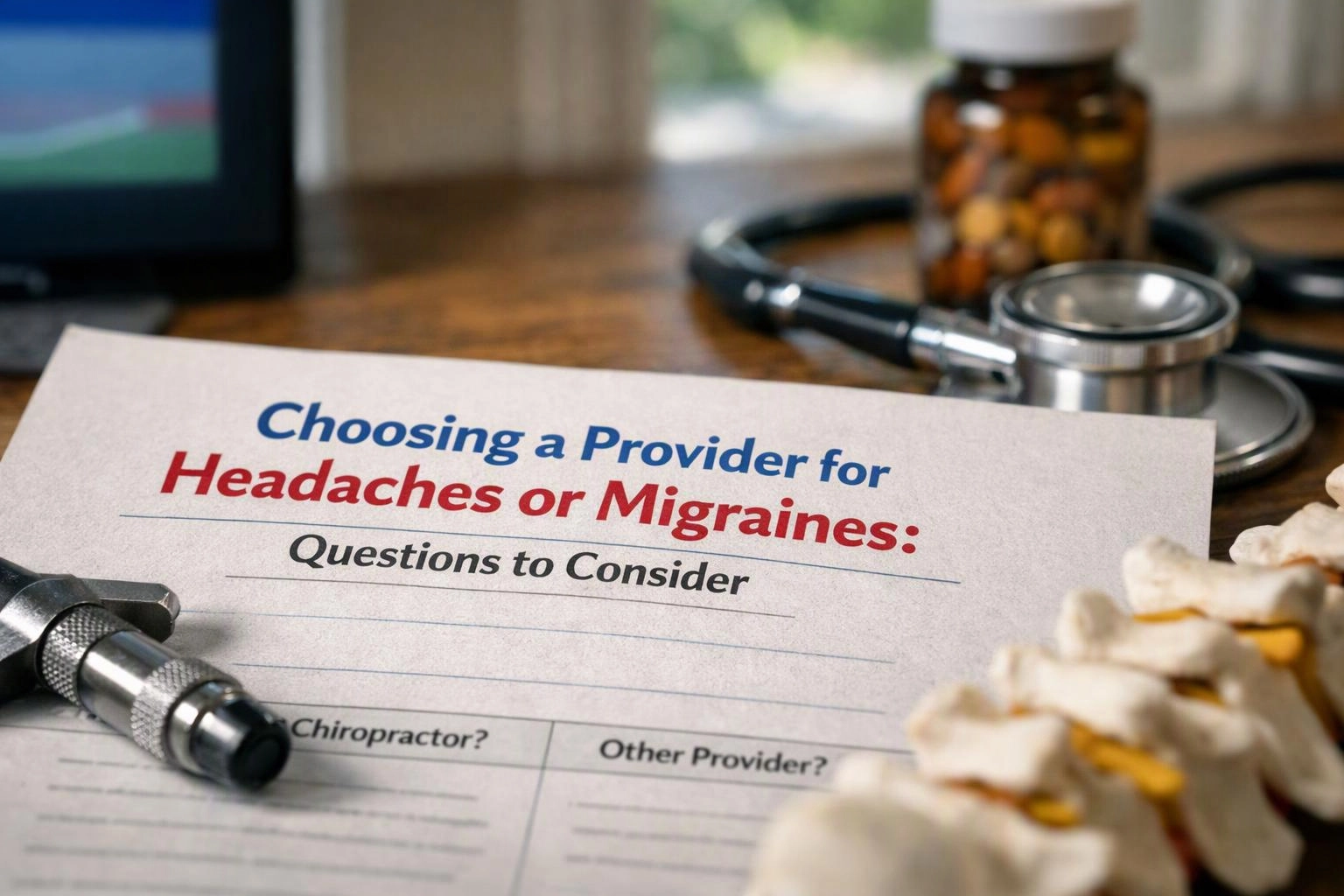 A form about choosing a provider for headaches or migraines lies beside a stethoscope and pill bottle on a desk
