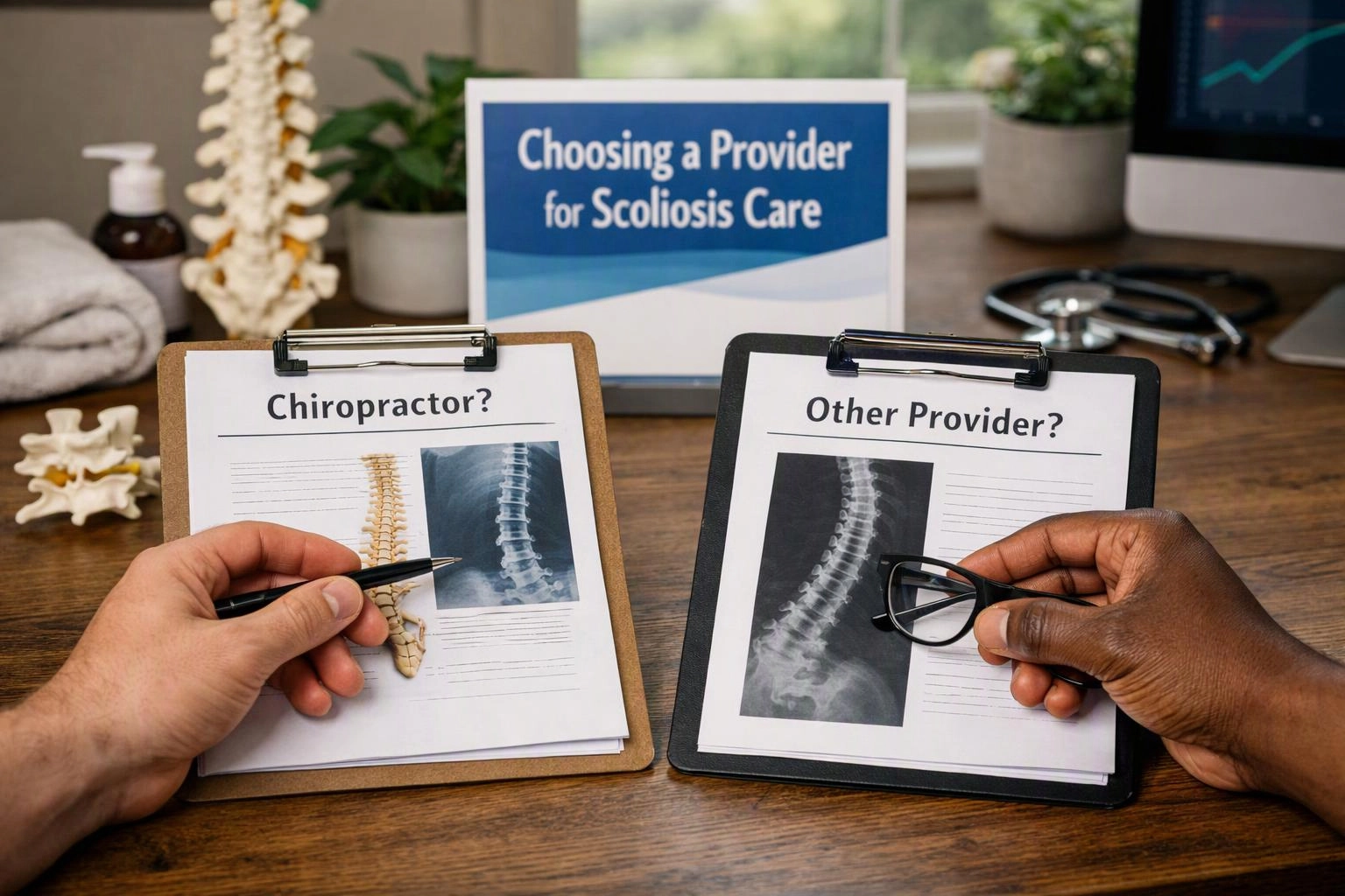Advertising-grade tabletop still life photograph of wide establishing view of a setting where "Choosing a Provider for Scoliosis Care" naturally arises