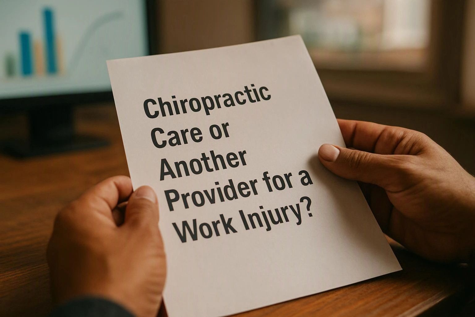 Hands hold a printed sheet asking, “Chiropractic Care or Another Provider for a Work Injury?” over a desk