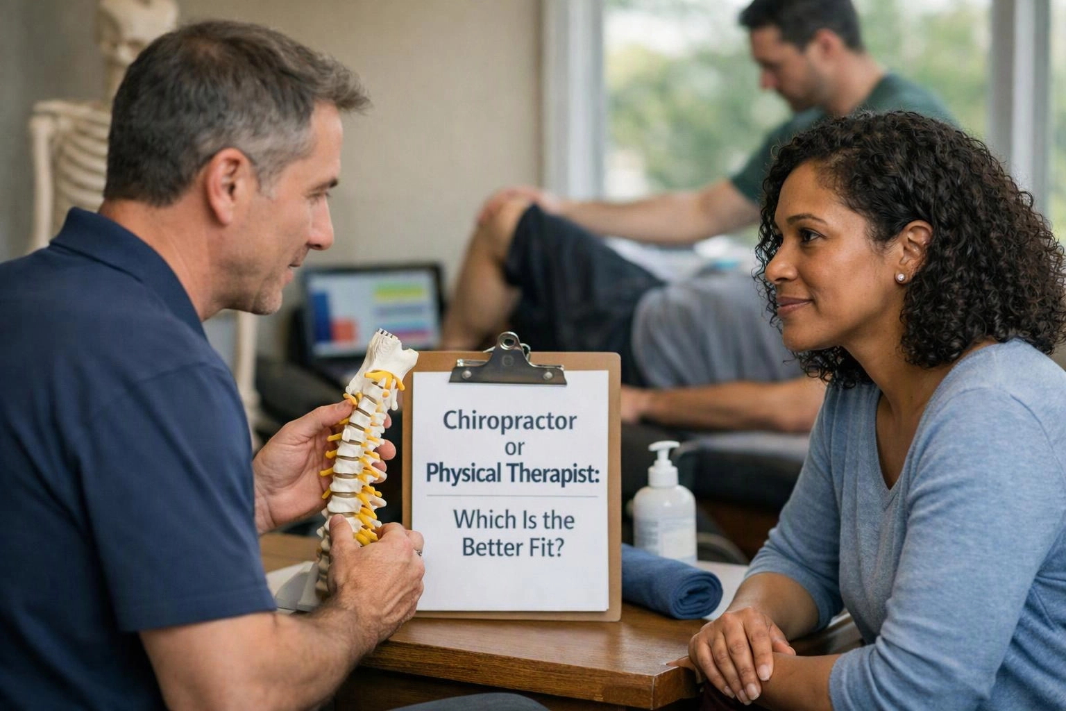 A man shows a spine model to a woman across a table in a therapy clinic, with a sign between them