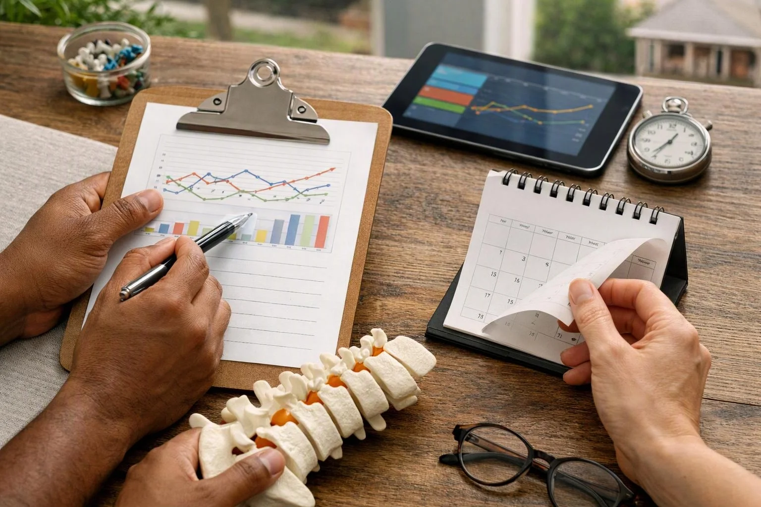 Chiropractor reviewing visit frequency and treatment progress with a patient