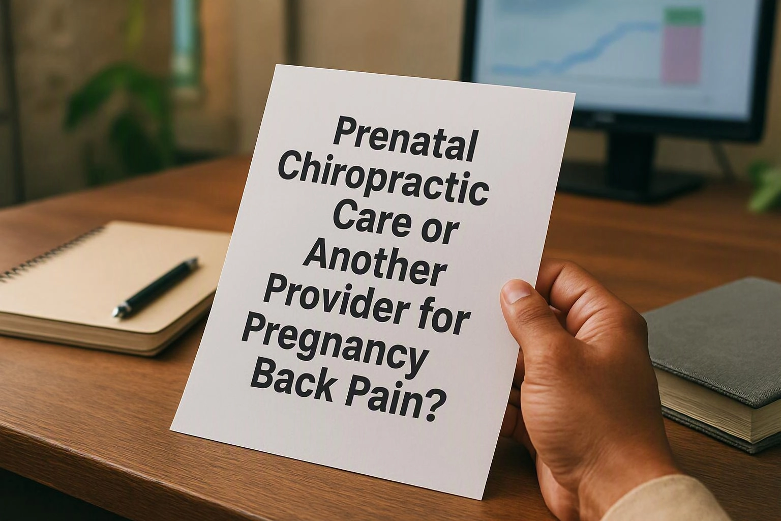 A hand holds a paper asking about prenatal chiropractic care for pregnancy back pain on a desk