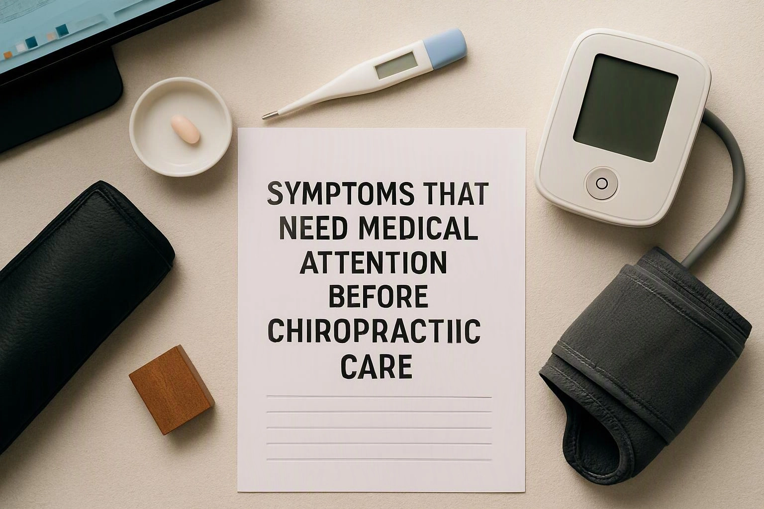 Aerial top-down flat-lay photograph of overhead flat-lay of items that represent "Symptoms That Need Medical Attention Before Chiropractic Care" in a Chiropractor
