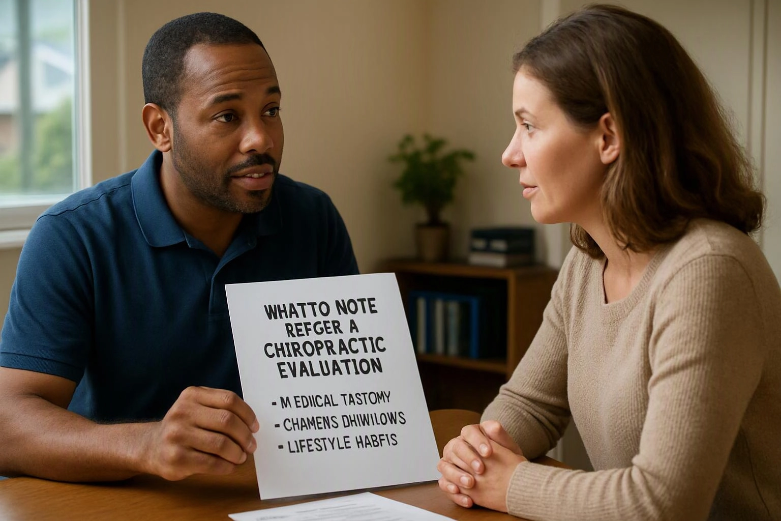 Two-person consultation photograph showing macro photograph of a physical artifact or interface element central to "What to Note Before a Chiropractic Evaluation"