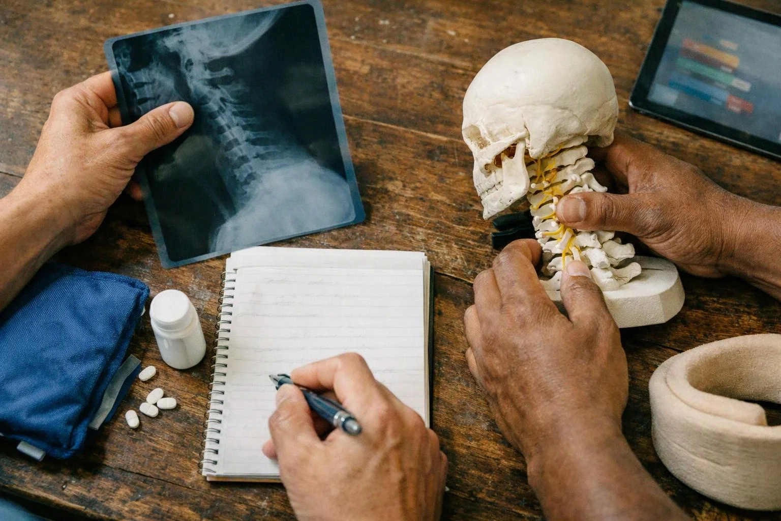 Two hands examine a spine X-ray and skeleton model beside a notebook, pills, and a neck brace on a wooden table