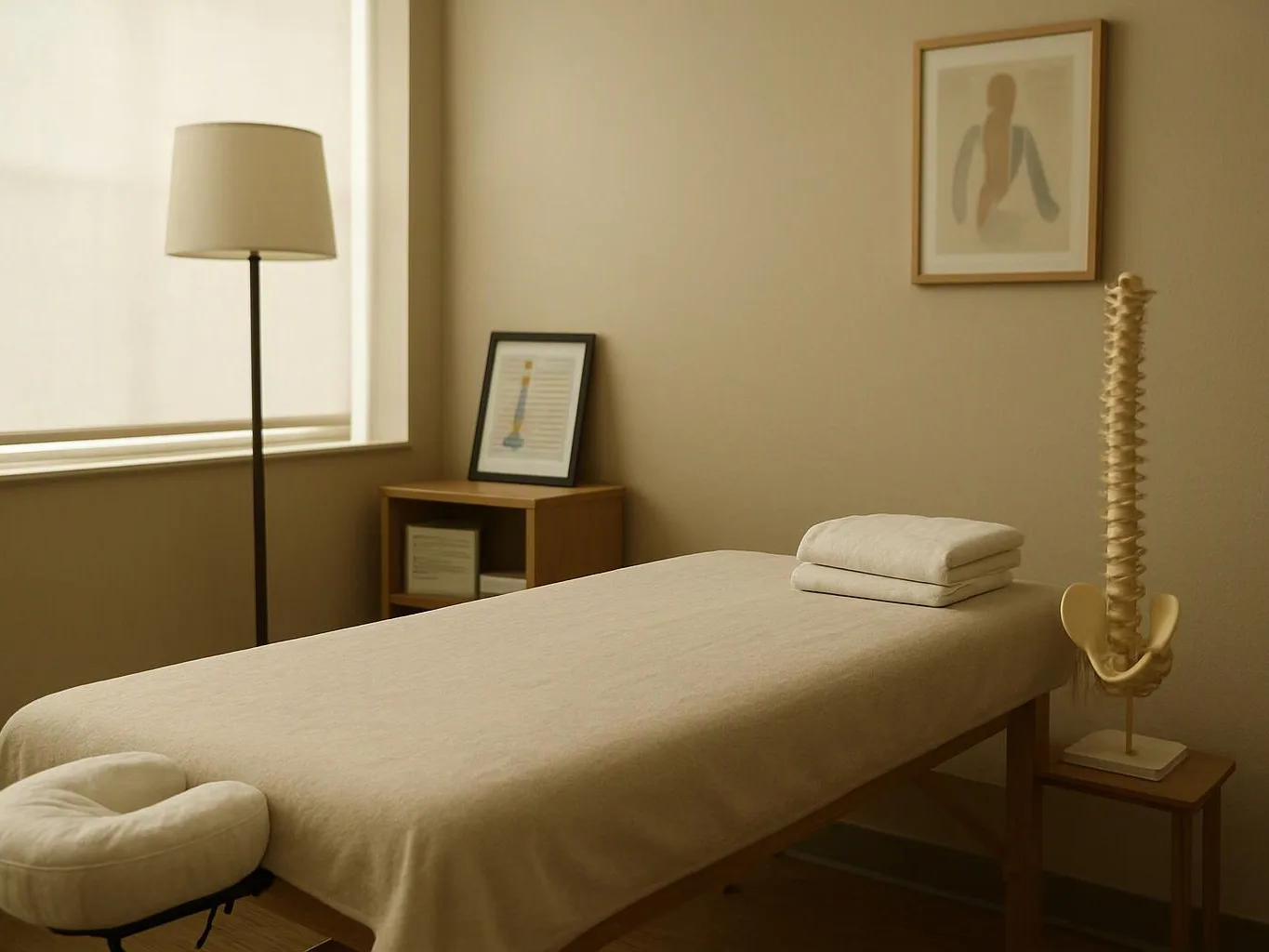 A beige treatment table with folded towels sits in a calm room beside a floor lamp and spine model
