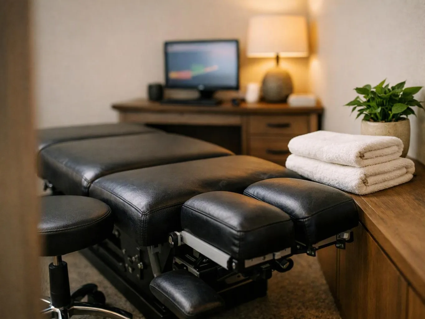 A black massage table sits in a softly lit room beside folded towels, a lamp, and a potted plant