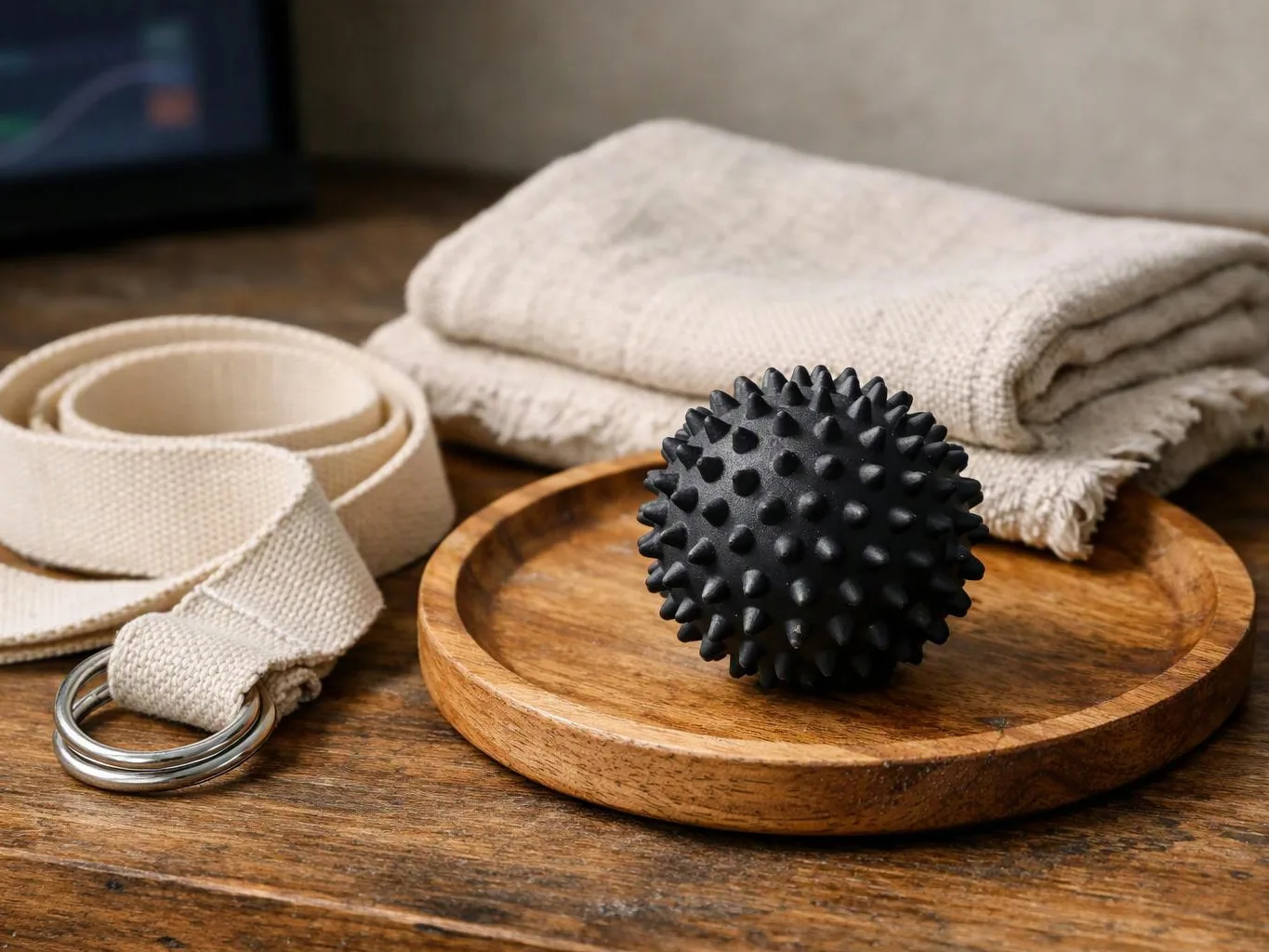 A black spiky massage ball sits on a wooden tray beside a beige strap and folded cloths