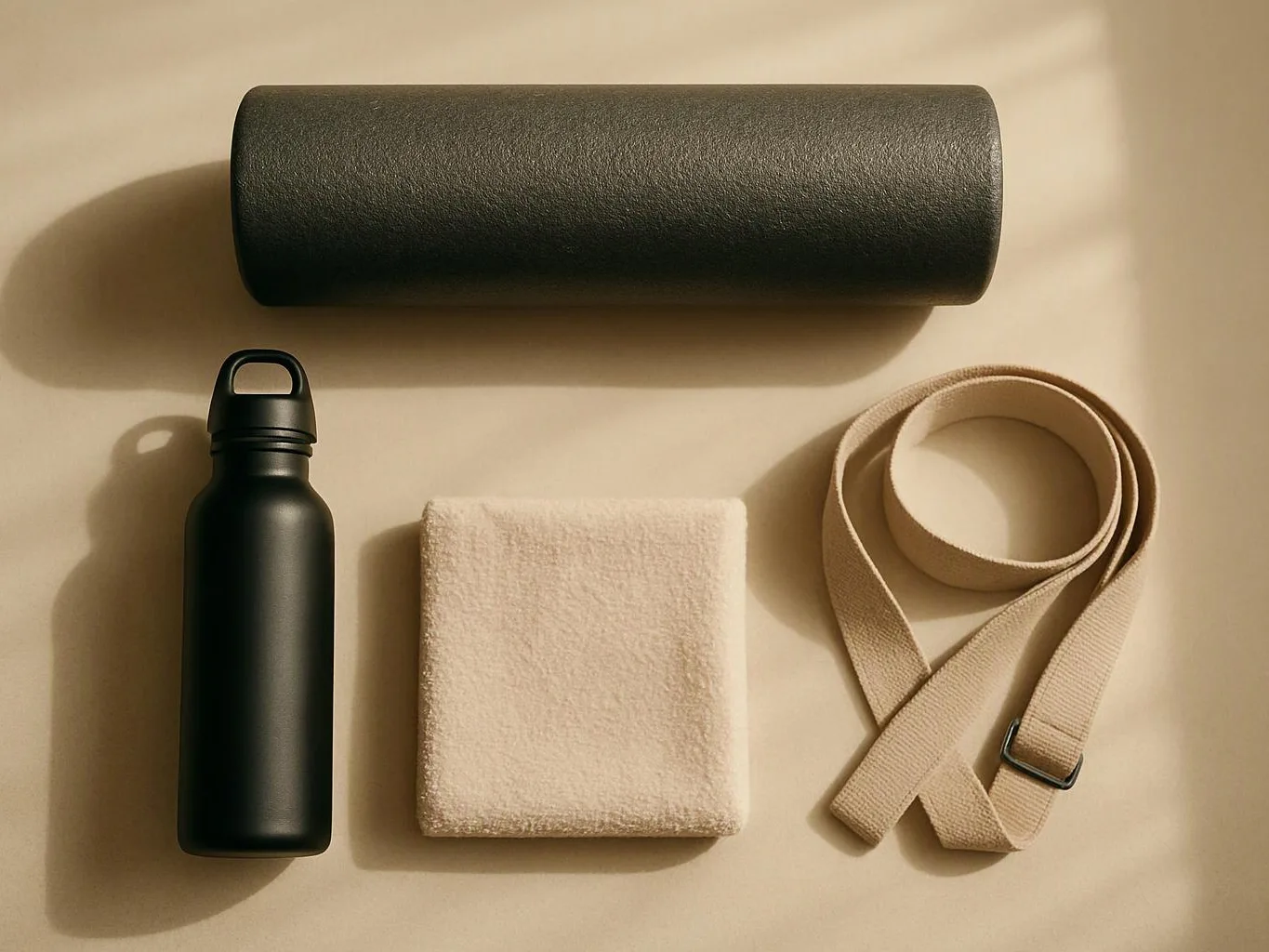 A black yoga mat, water bottle, folded towel, and beige strap rest neatly on a warm surface