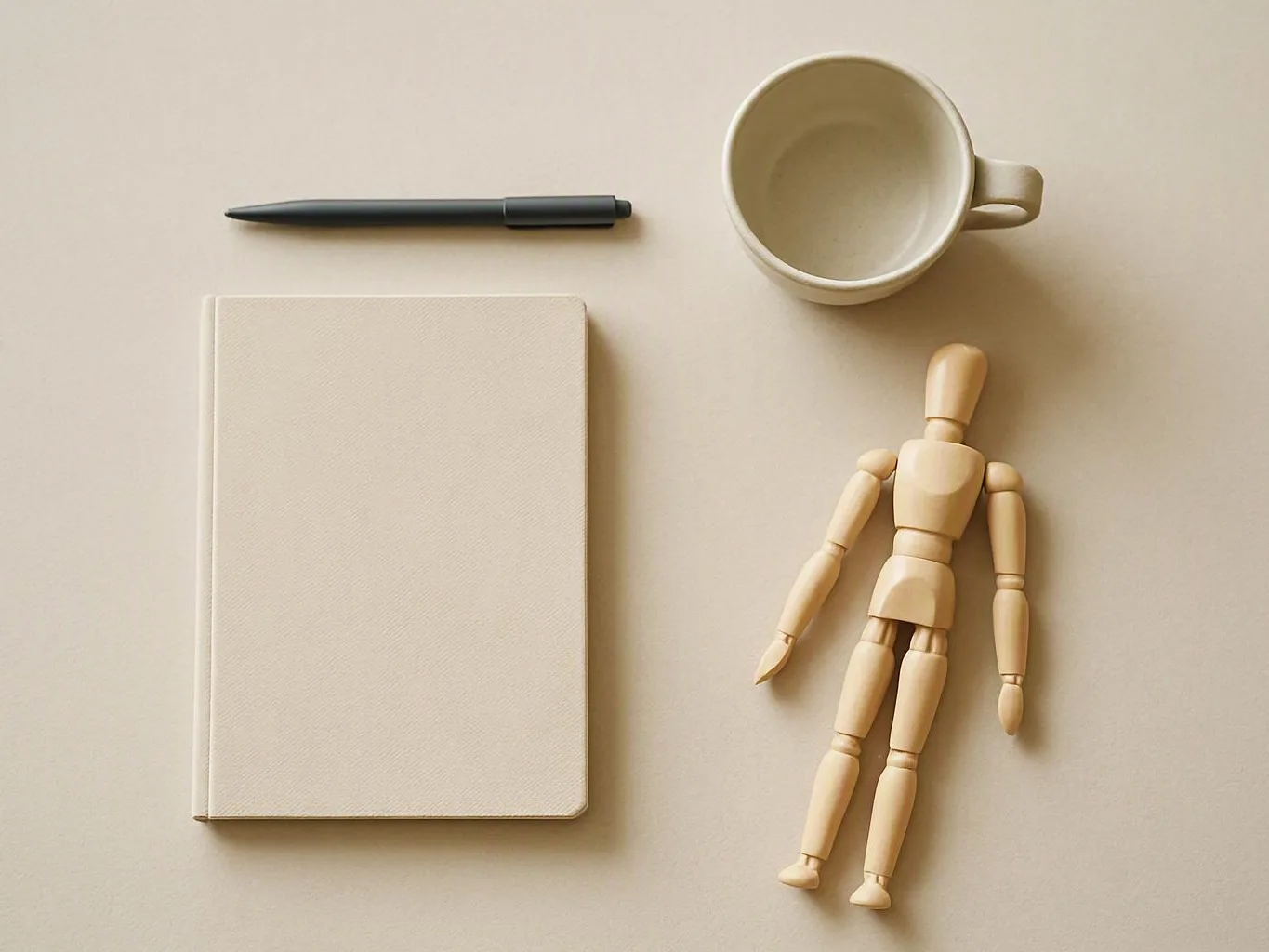 A blank notebook, pen, mug, and wooden mannequin lie neatly arranged on a beige surface
