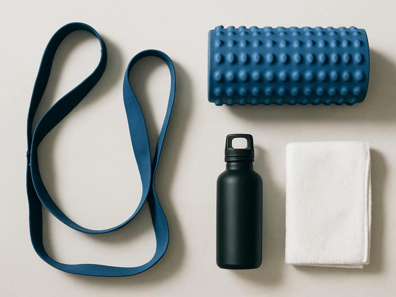 A blue exercise strap, foam roller, black water bottle, and folded white towel lie on a light surface