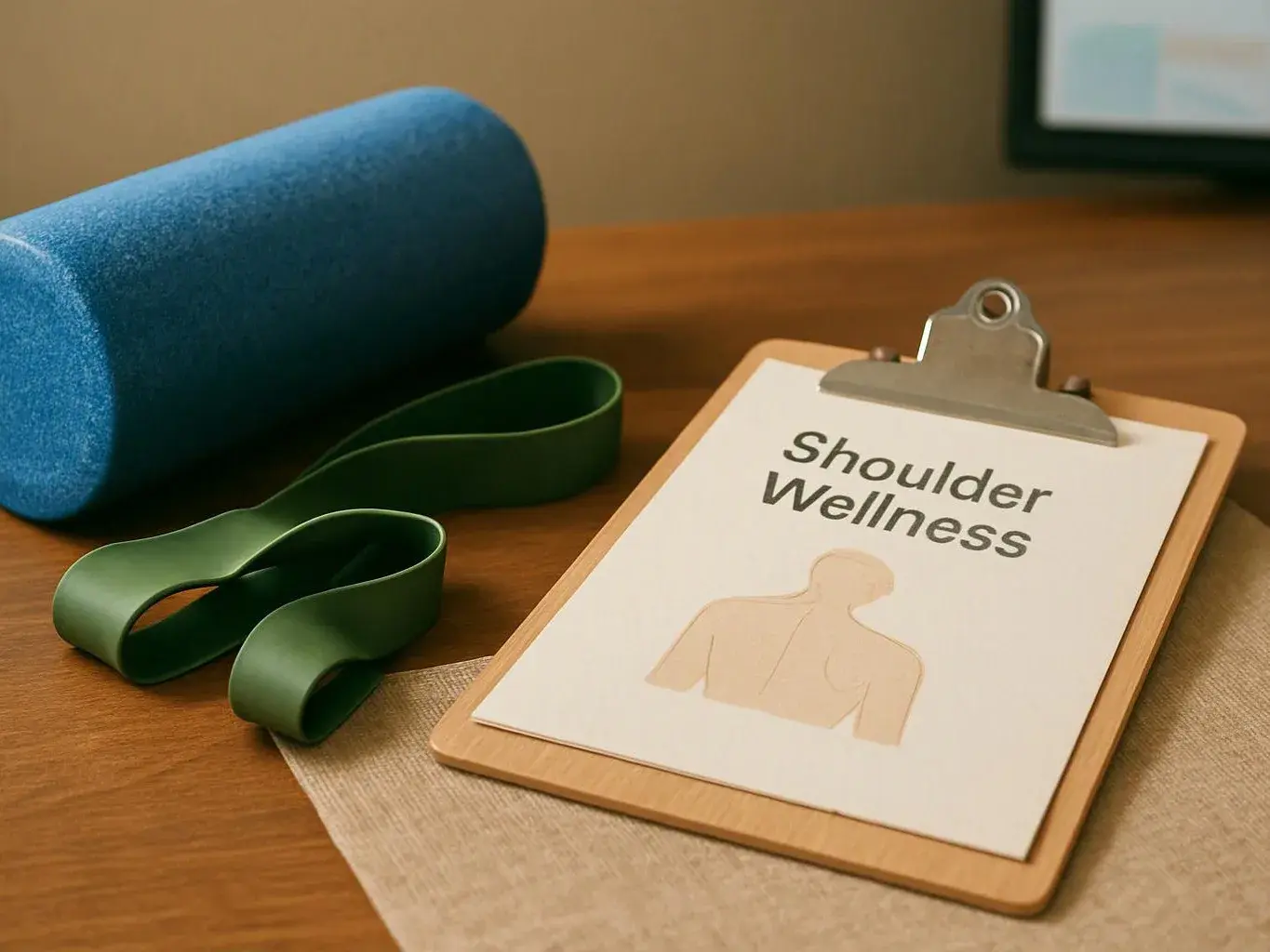 A blue foam roller, green resistance band, and clipboard labeled Shoulder Wellness rest on a wooden table