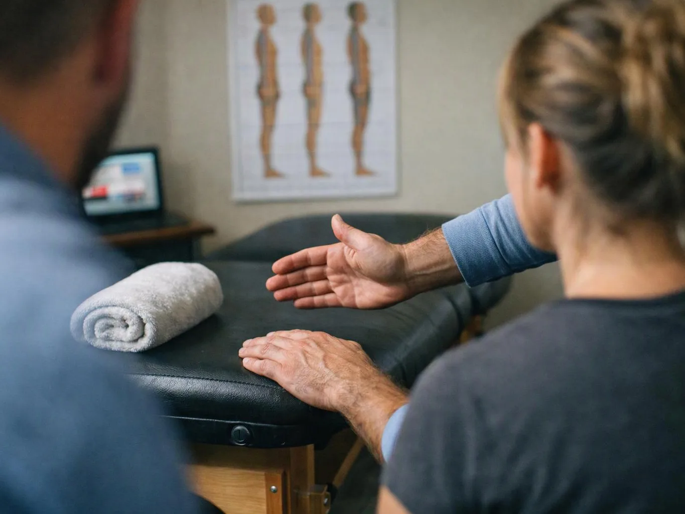 A clinician gestures over a padded exam table while two people listen in a treatment room