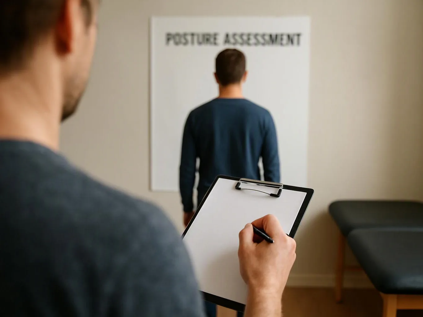 A clinician writes on a clipboard while a man stands facing a posture assessment board in a treatment room
