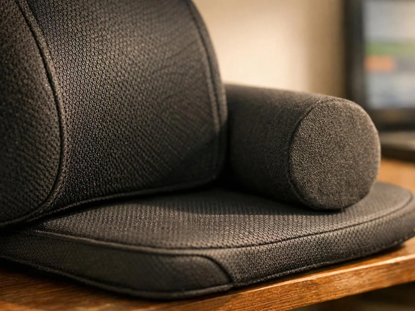 Close-up of a black textured chair cushion and armrest on a wooden surface