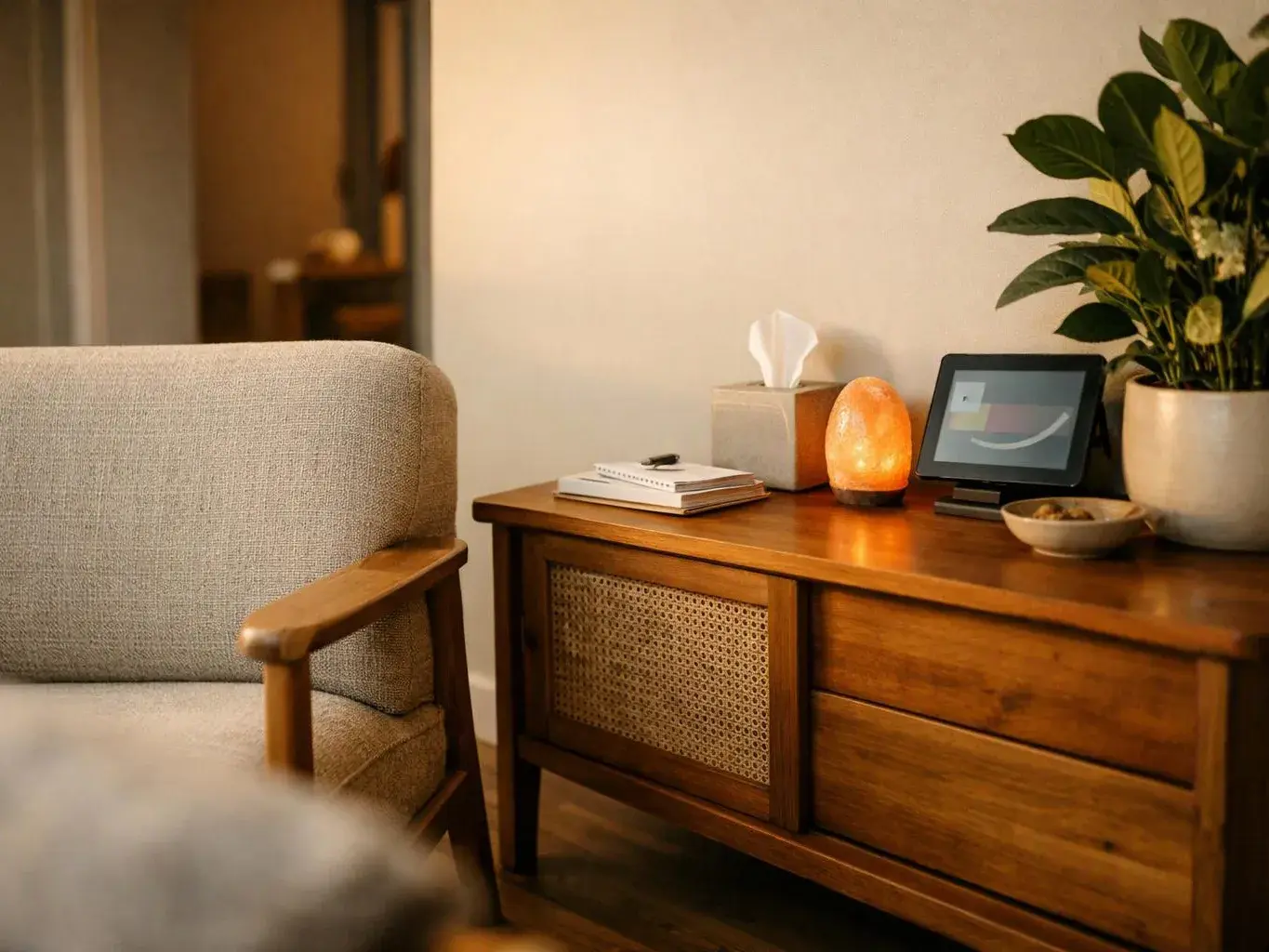 A cozy living room shows a beige chair beside a wooden cabinet with books, a lamp, a plant, and a small screen