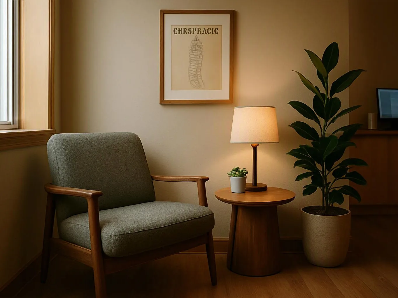 A cozy reading corner shows a gray armchair, lit lamp, small table, potted plant, and framed wall art
