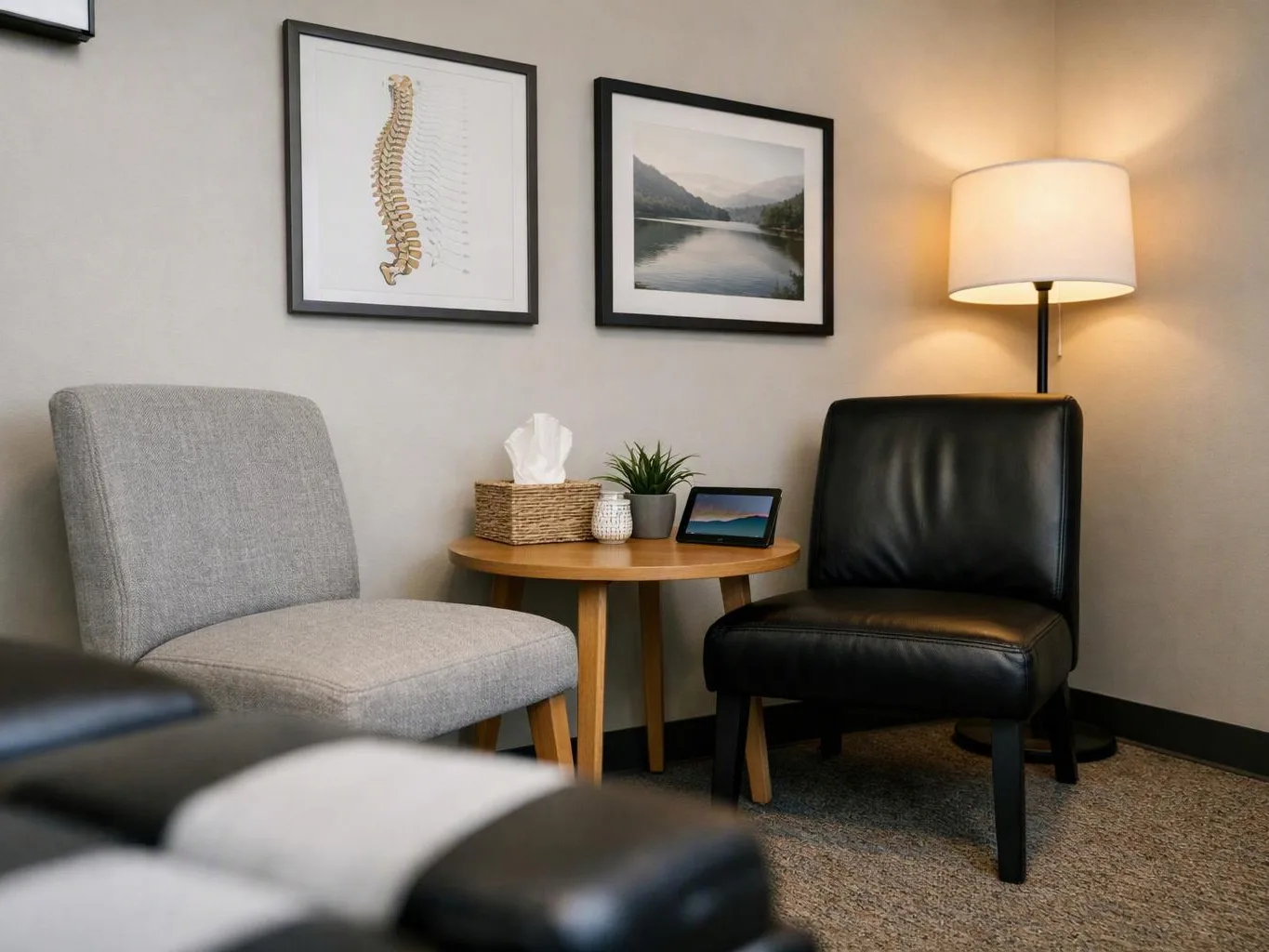 A cozy waiting room with two chairs, a side table, framed wall art, and a glowing floor lamp