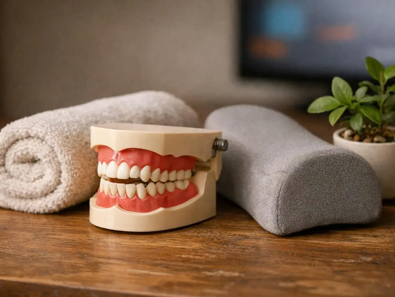 Dental model teeth sit between two rolled towels on a wooden table beside a small potted plant