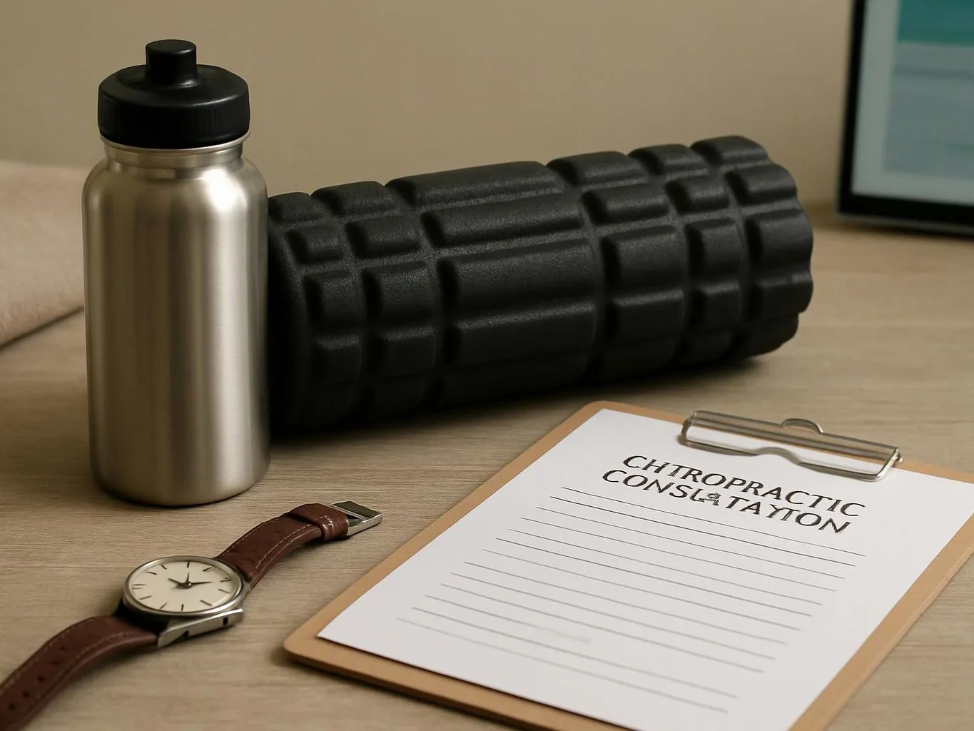 A desk shows a metal water bottle, foam roller, wristwatch, and a clipboard with a chiropractic consultation form