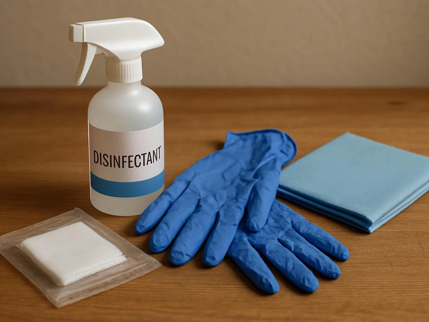 A disinfectant spray bottle, blue gloves, folded cloths, and a sealed wipe packet sit on a wooden table