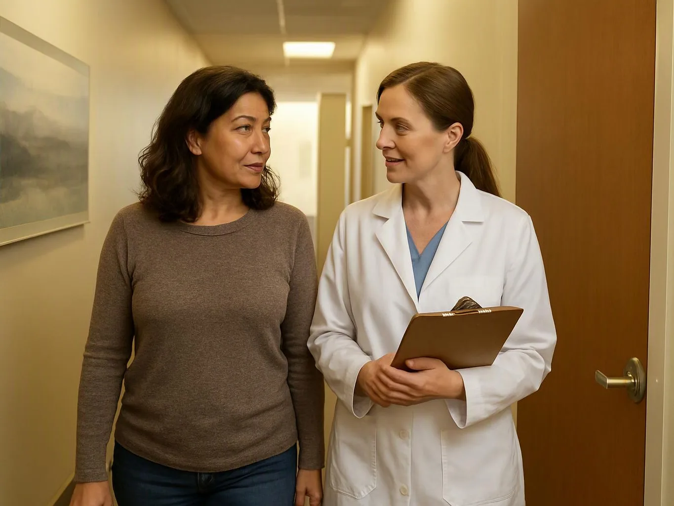 A doctor in a white coat walks beside a woman in a hallway, holding a clipboard