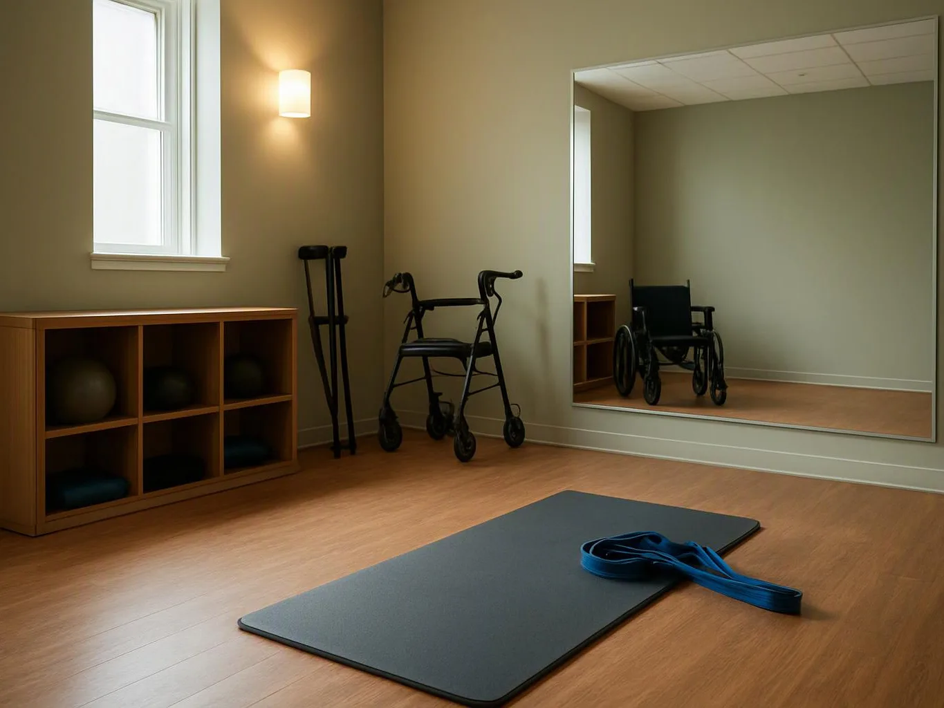 An empty exercise room shows a mat, resistance band, walker, wheelchair, shelf cubbies, and a wall mirror