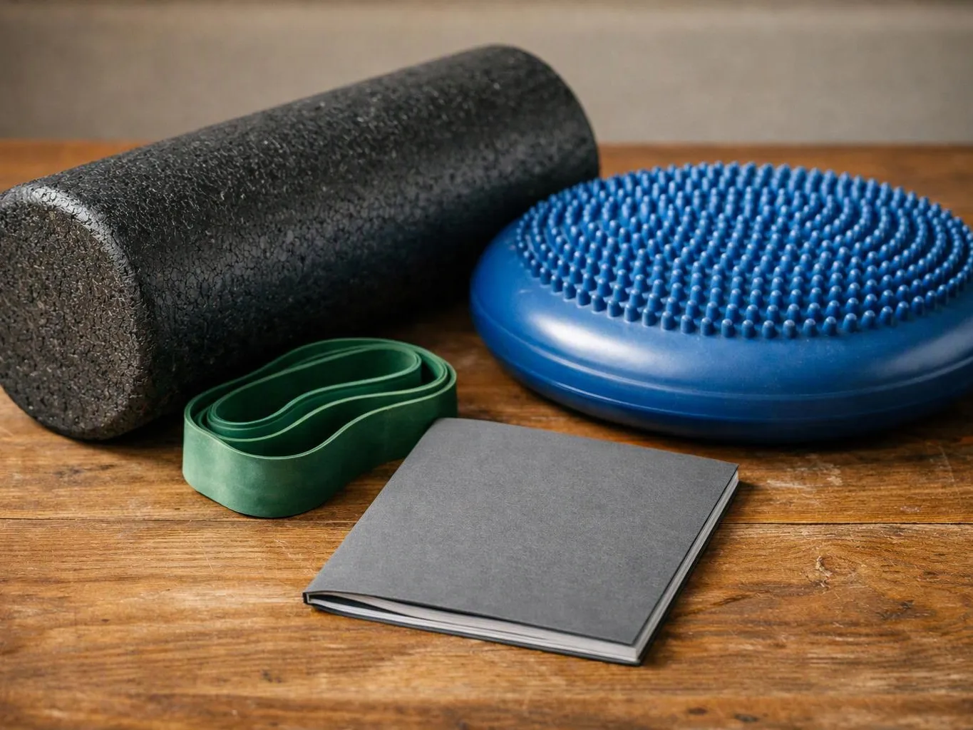 A foam roller, blue balance cushion, green resistance band, and gray exercise booklet rest on a wooden table