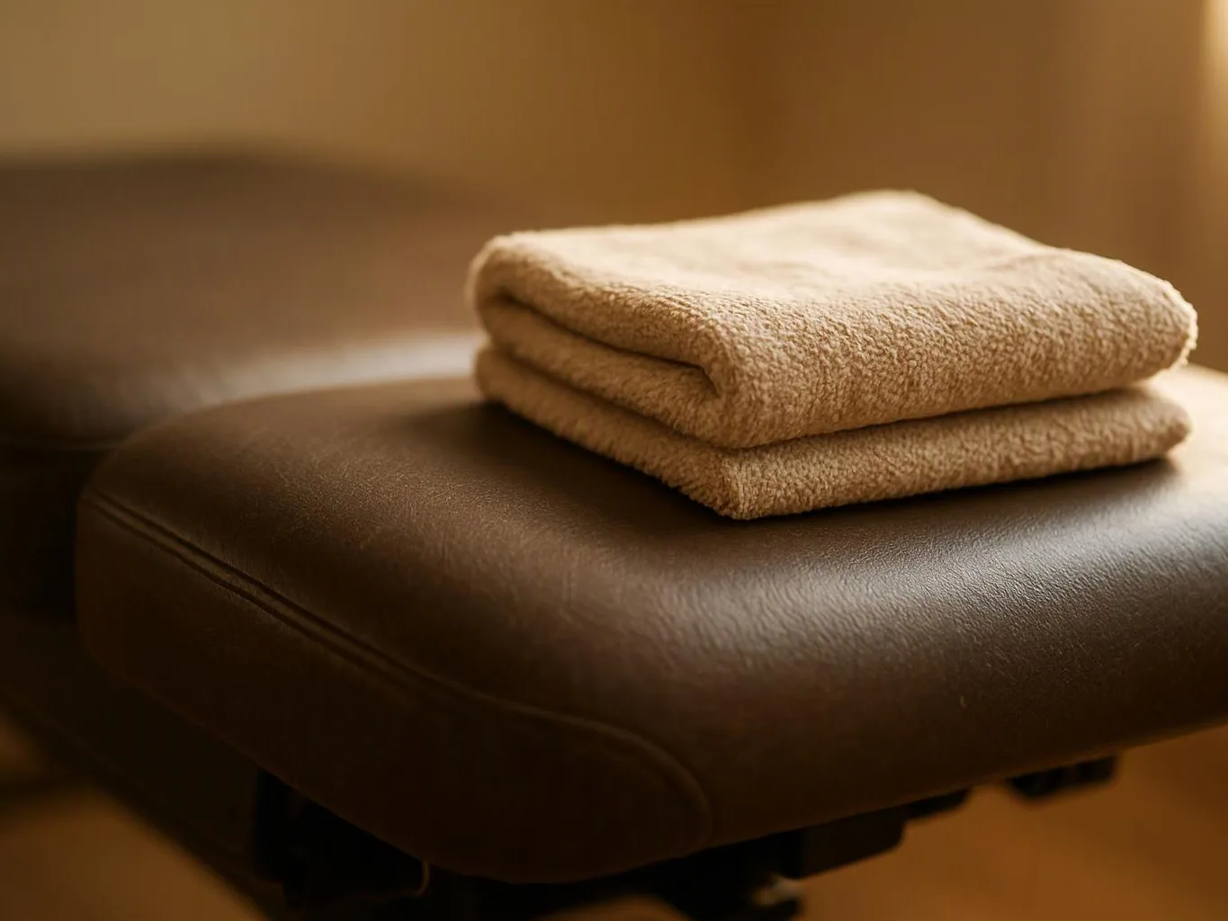 A folded beige towel rests on a brown leather chair seat in warm indoor light