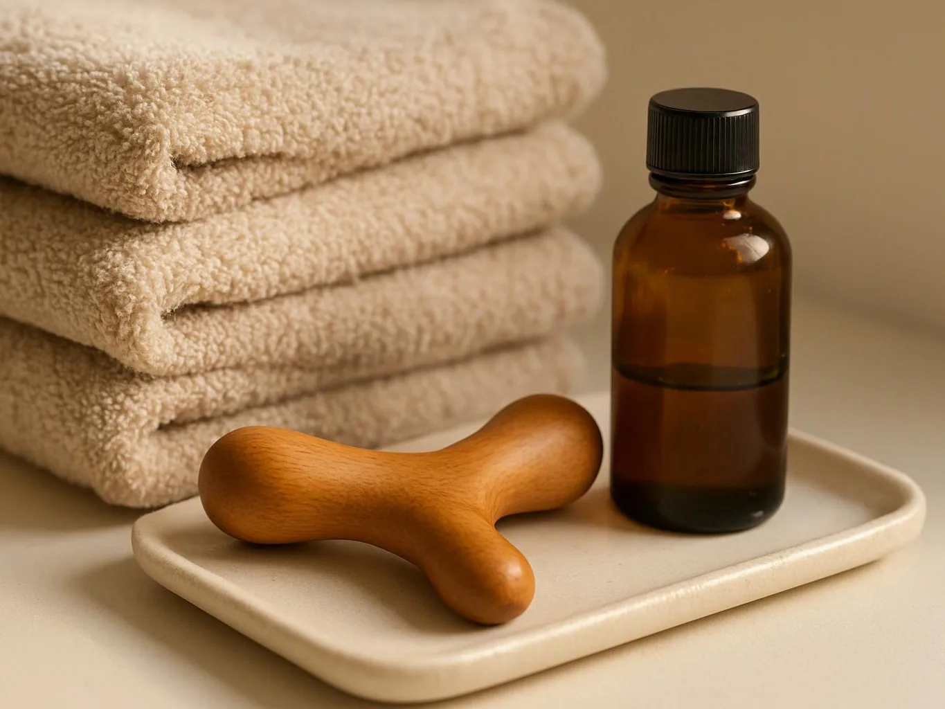 Folded beige towels sit beside a wooden massage tool and amber bottle on a tray