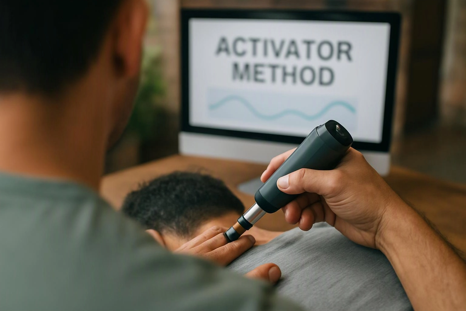 A person uses a handheld device on another person's finger while a screen shows "ACTIVATOR METHOD"