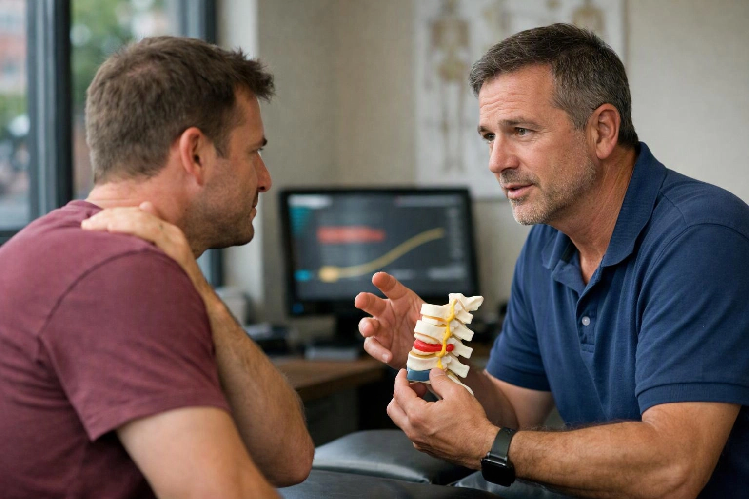 Two men talk in an office, while one holds a small spine model and gestures toward it