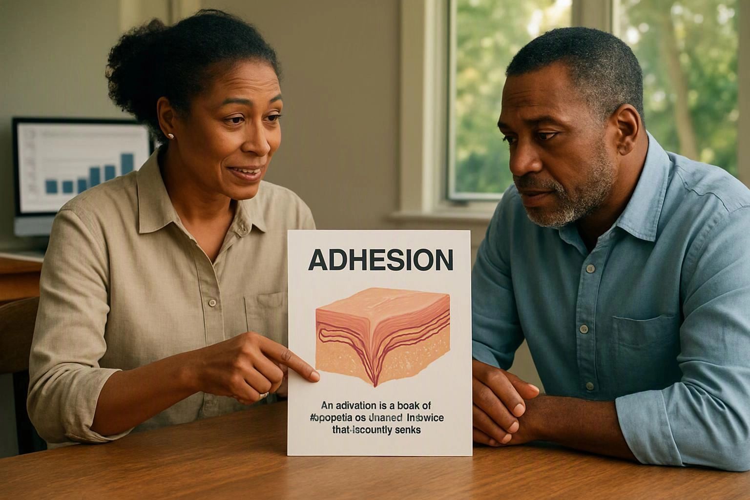 Two adults study a poster labeled “ADHESION” showing a layered skin cross section at a table in a bright room