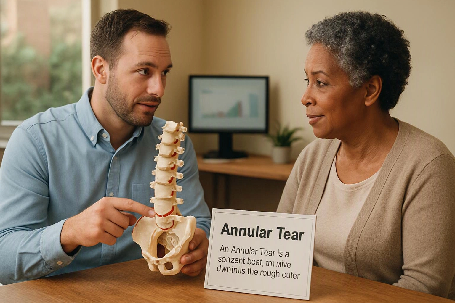 A man points to a spine model while speaking with a woman across a desk, with a medical sign in front