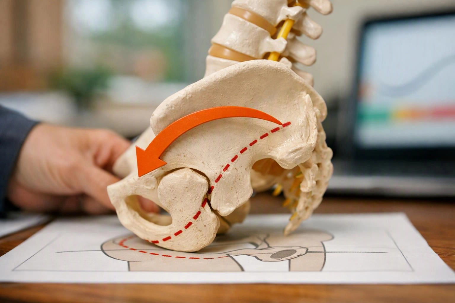 A pelvis model with a curved arrow and dotted line sits on a desk beside a blurred hand and computer screen