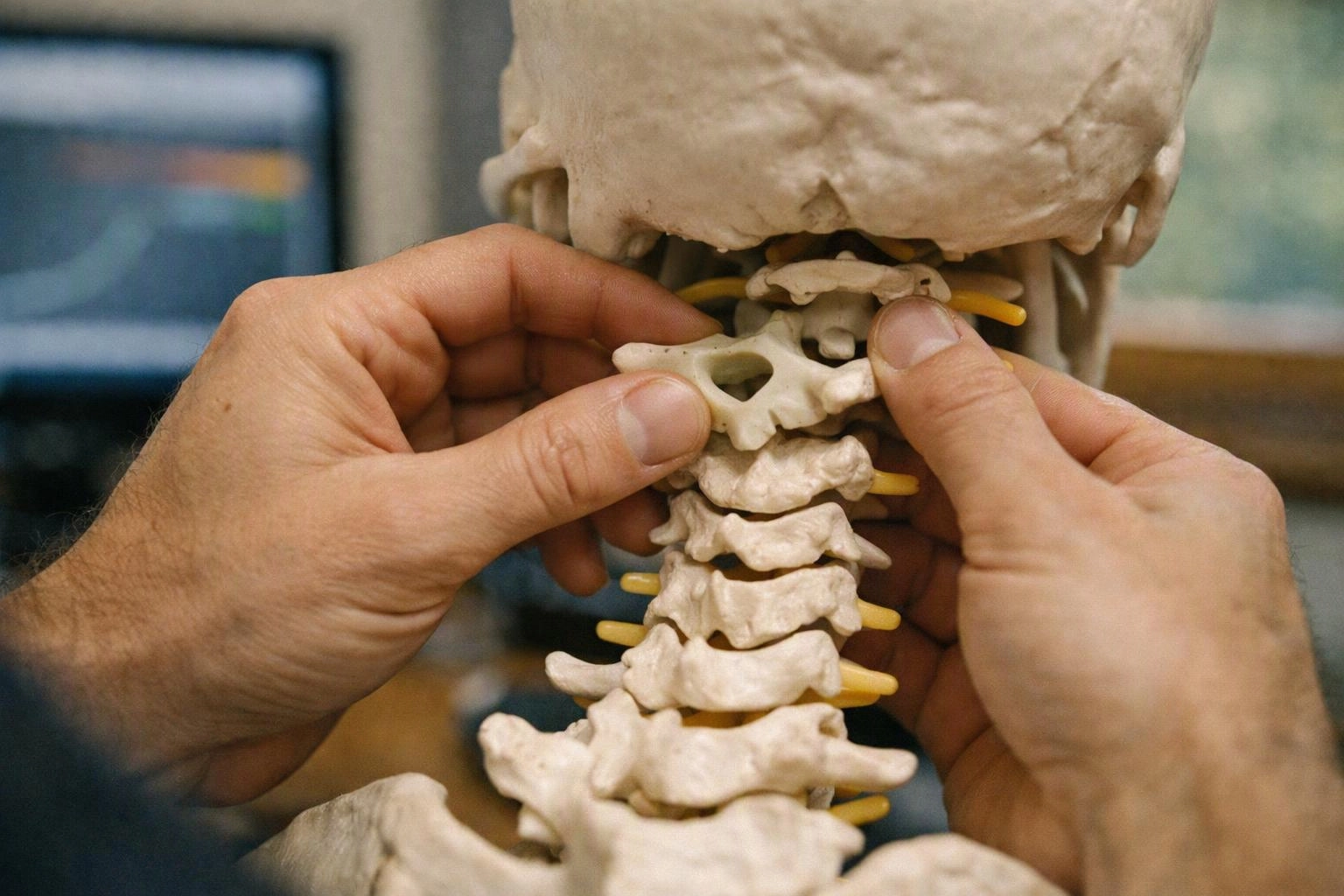 Hands adjust a plastic neck spine model, with a blurred computer screen in the background